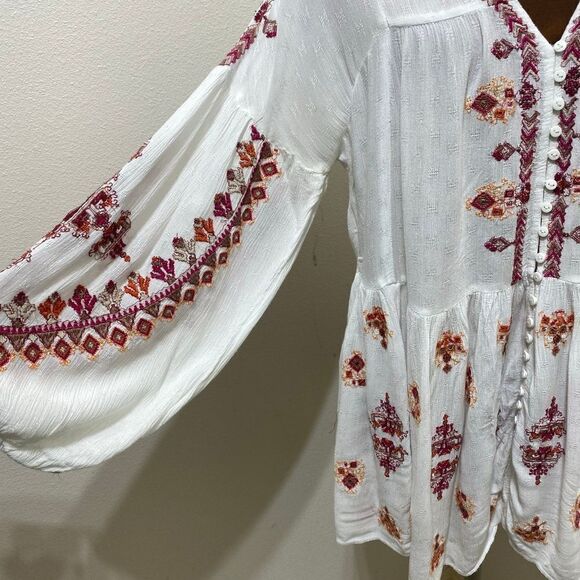 Free People Womens Tunic Size M White V-Neck Button Up Long Sleeve Embroidered - Picture 6 of 10